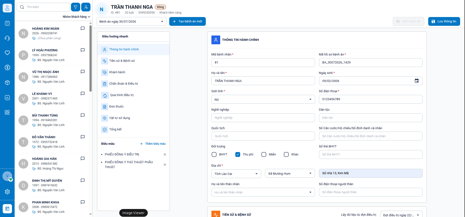 Giao diện phần mềm MedX EMR — bệnh án điện tử với dữ liệu mẫu minh hoạ