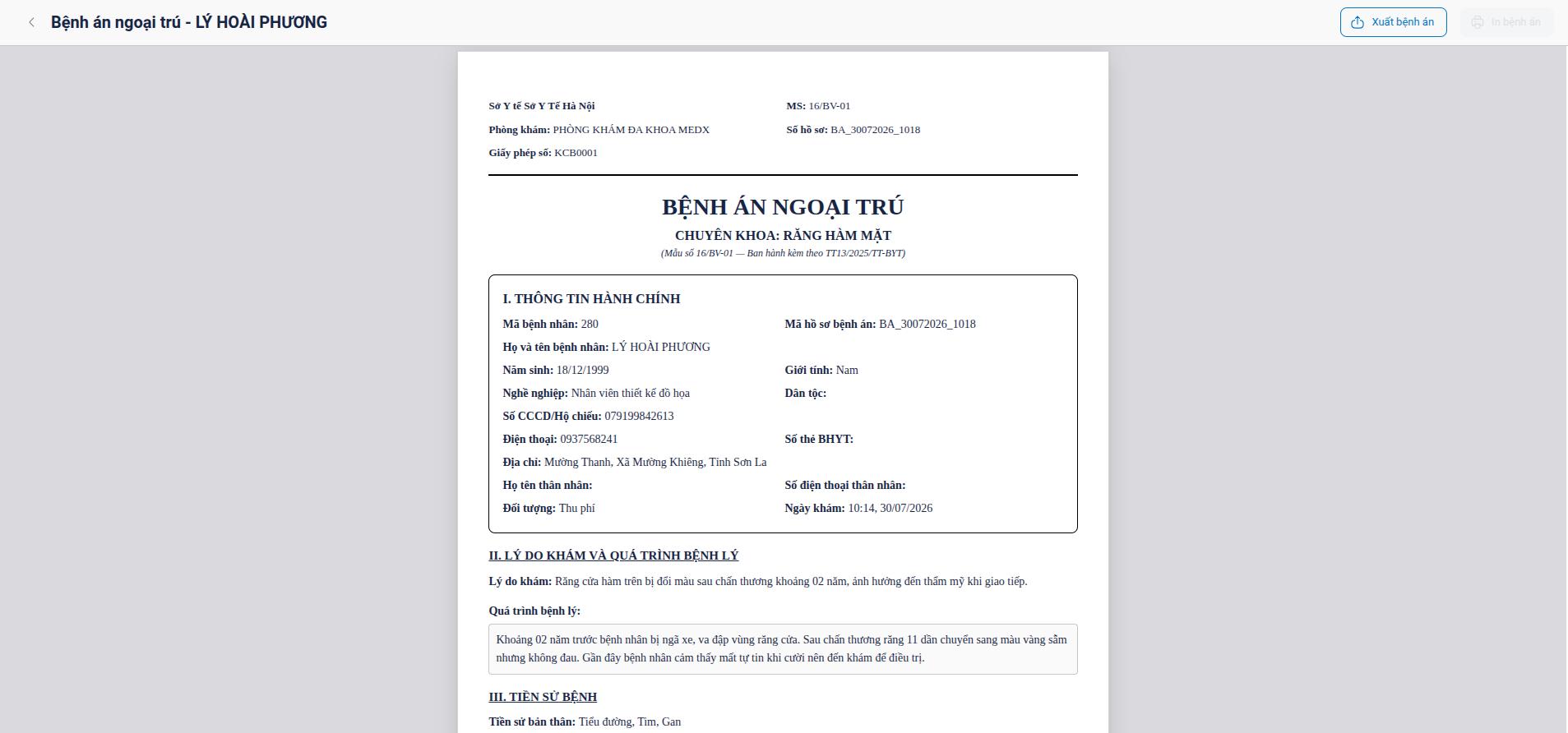 Bệnh án ngoại trú mẫu 16/BV-01 theo Thông tư 13/2025/TT-BYT trên MedX Solution