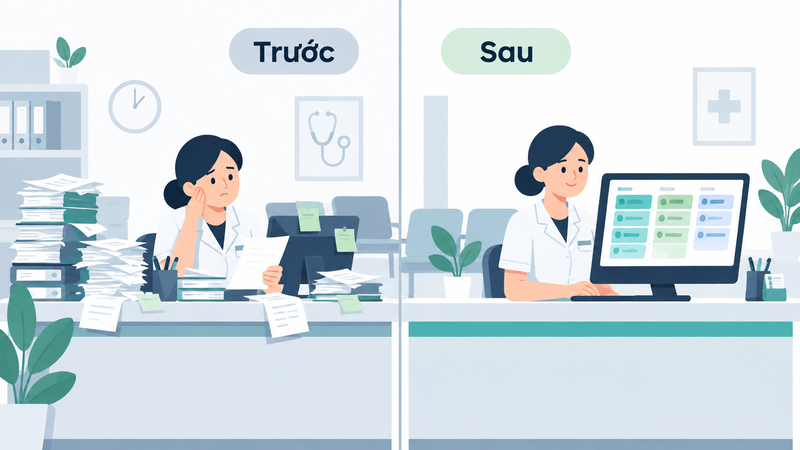 quầy lễ tân trước và sau khi dùng phần mềm bệnh án điện tử