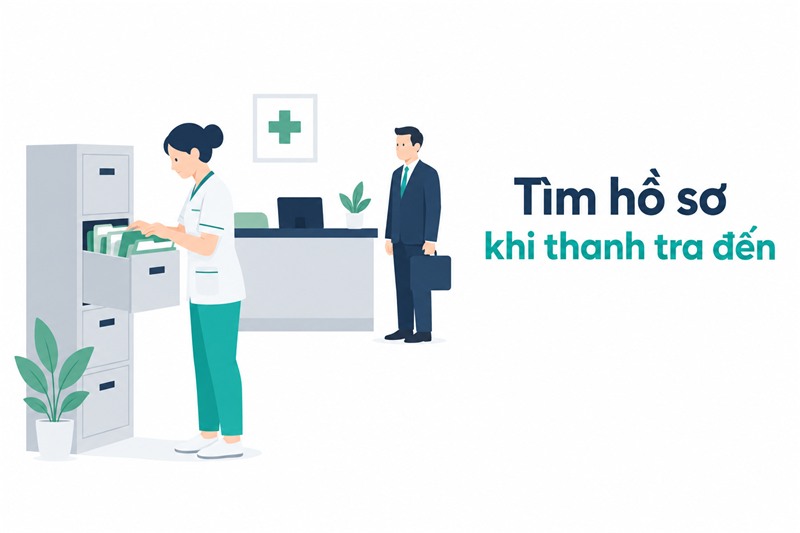 Lễ tân phòng khám tìm hồ sơ giấy trong tủ lưu trữ khi đoàn thanh tra đang chờ