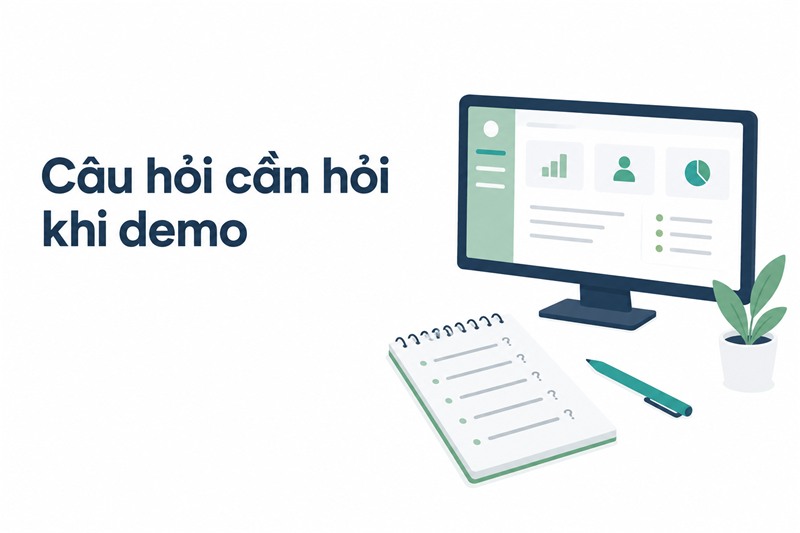 Danh sách câu hỏi kiểm tra đặt cạnh màn hình demo phần mềm quản lý phòng khám