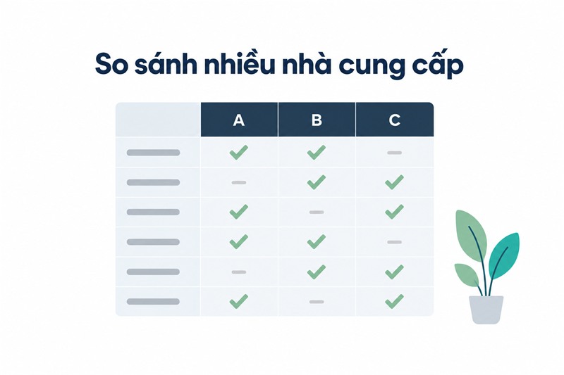 Bảng so sánh nhiều nhà cung cấp phần mềm theo sáu tiêu chí đã chọn