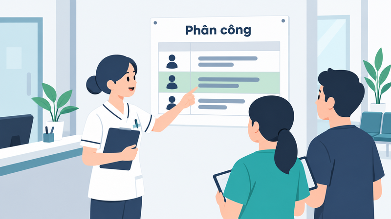bảng phân công trách nhiệm chuyển đổi số dán ở quầy lễ tân phòng khám