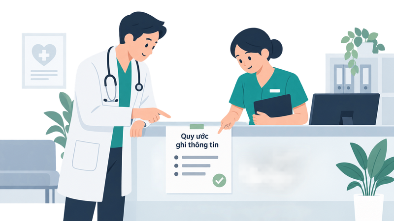 bác sĩ kiểm tra nhân viên đã nắm cách ghi thông tin bệnh nhân thống nhất