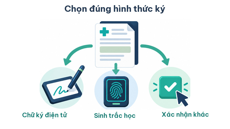 Ba hình thức ký hoặc xác nhận điện tử được đặt cạnh nhau để phòng khám lựa chọn