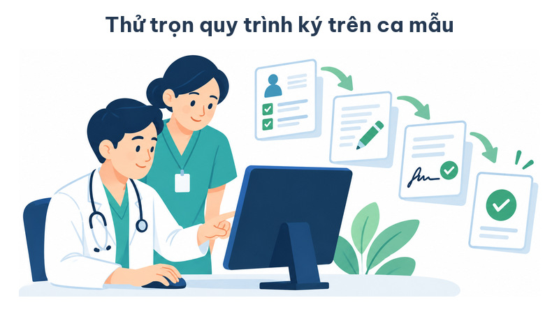 Bác sĩ thực hành ký một hồ sơ mẫu trong buổi hướng dẫn sử dụng phần mềm